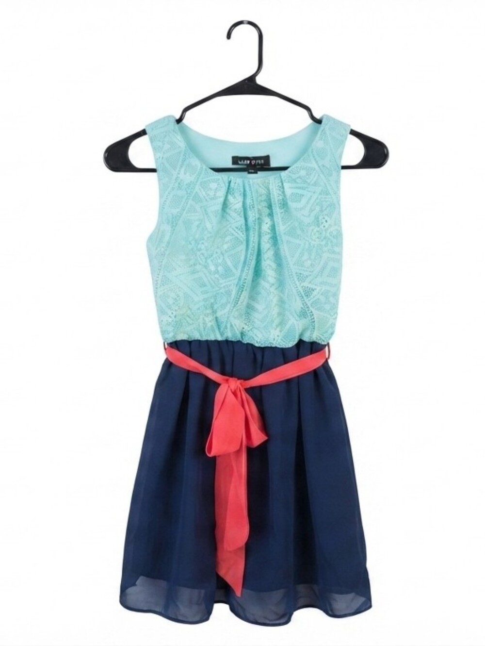 Amy Byer Girls Sleeveless Dress Size 8 Aqua Lace & Navy Chiffon Bow